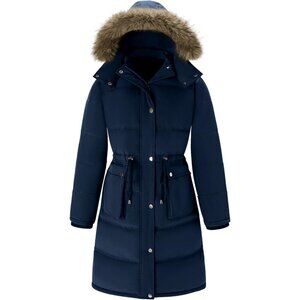 Women's Long Puffer Hood Jacket Coat Navy Winter Warm Detachable Fur Trim